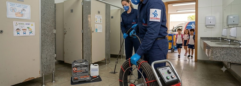 Profissional realizando Desentupimento e Manutenção Preventiva para Escolas, Colégios e Creches em São José