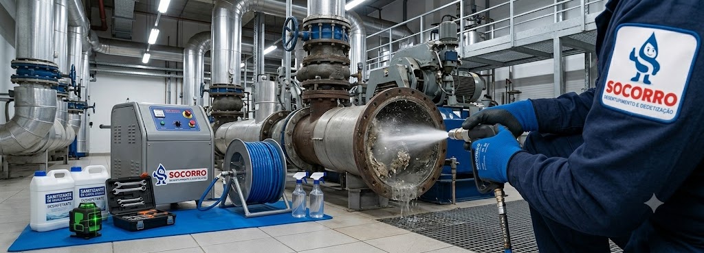 Profissional realizando Desentupimento, Hidrojateamento e Manutenção Preventiva Industrial em São José