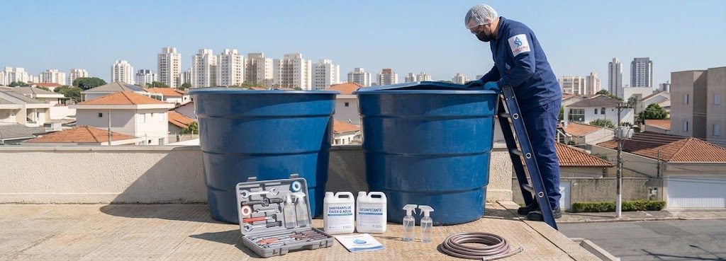 Profissional realizando Imunização e Desinfecção Bacteriológica de Caixas D'água em São José