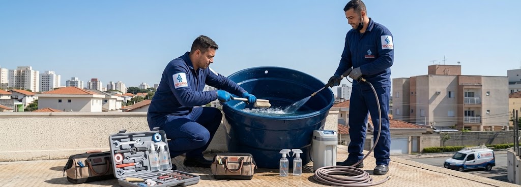 Profissional realizando Limpeza e Higienização de Caixas D'água em São José